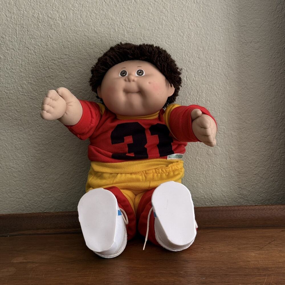 Original 1985 Cabbage Patch Kid - Boy Curly Brown Hair Jogging Suit Two Dimple